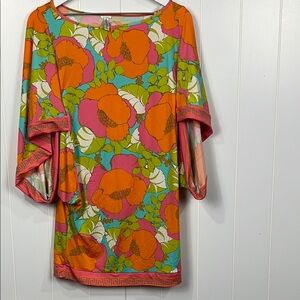 Trina Turk Playa De Flor Cover-Up S/M Orange Blue Kimono Style Sleeves Floral